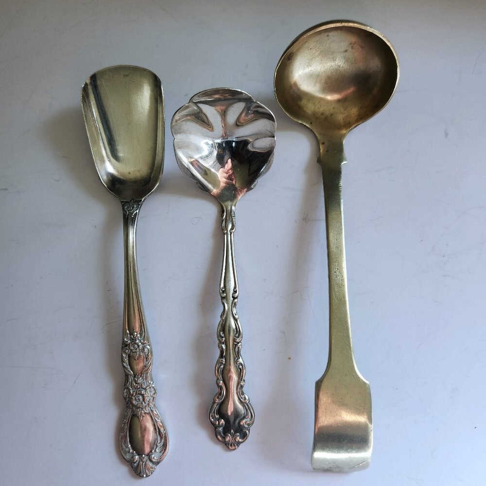 Lot of 3 Vintage Serving Utensils Silverplate Ladle Ornate Berry Brass Spoon